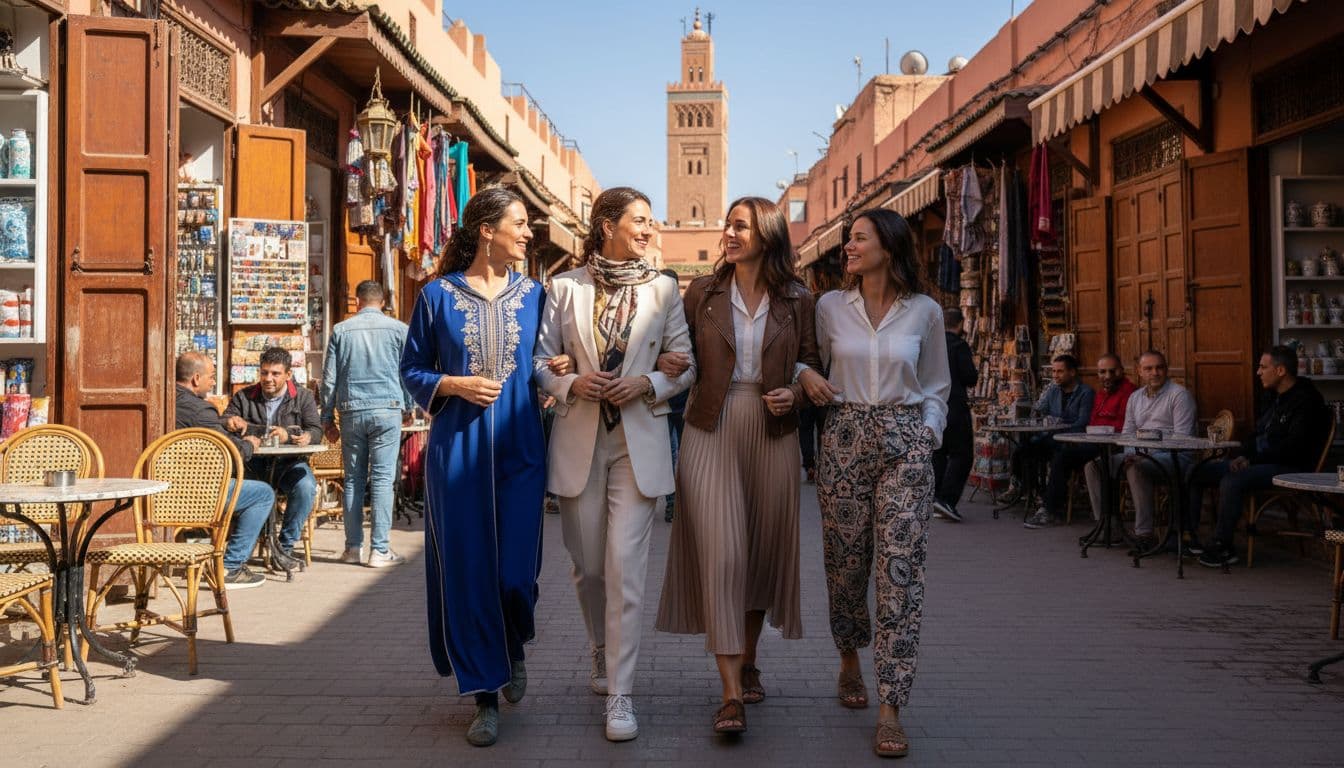 Four smiling women walk closely together on bustling Marrakech street with shops and cafes.