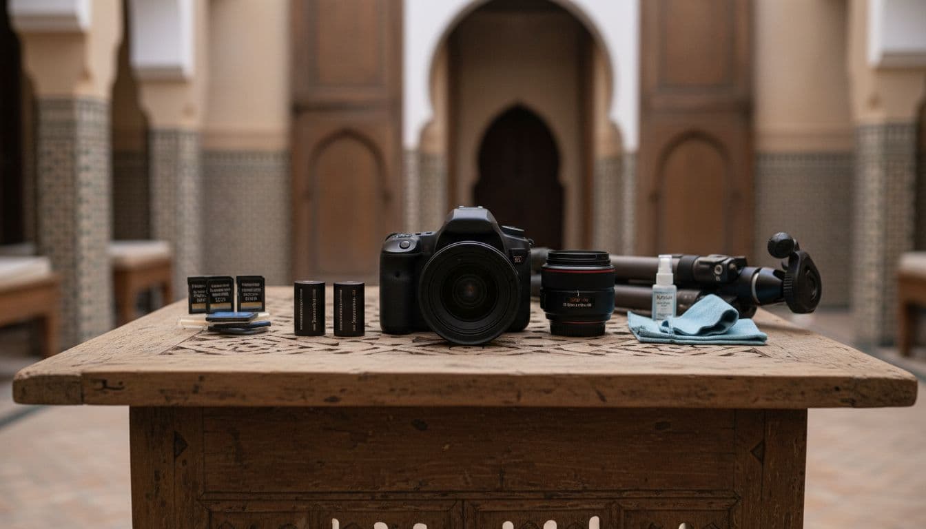 A compact photographer's gear kit on a wooden table in a Moroccan riad features a DSLR camera with wide-angle lens, short telephoto lens, spare batteries, memory cards, cleaning kit, and lightweight tripod under soft natural window light.