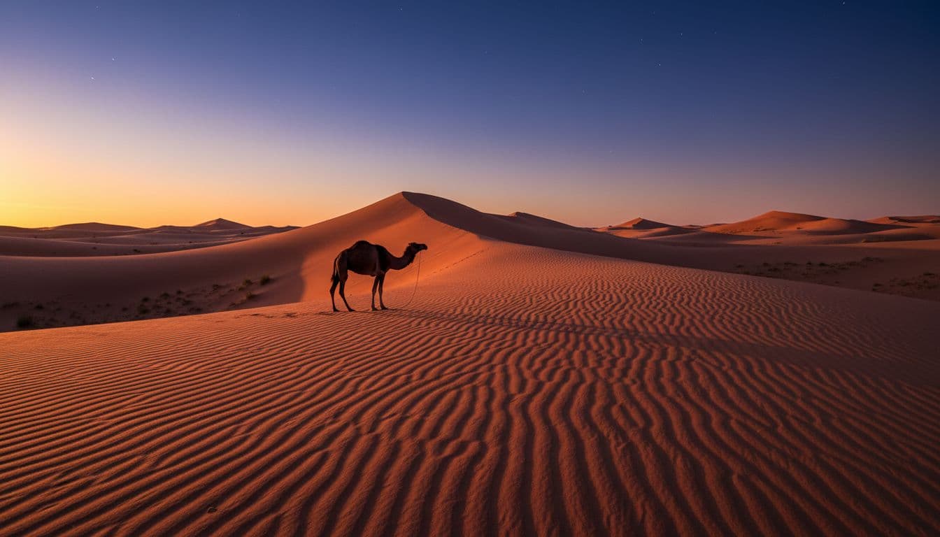 Golden sand dunes of the Sahara desert in Morocco at sunset, with a single camel silhouette in the foreground, starry sky emerging, and dramatic orange-purple light on rippled sands in a wide epic landscape view.