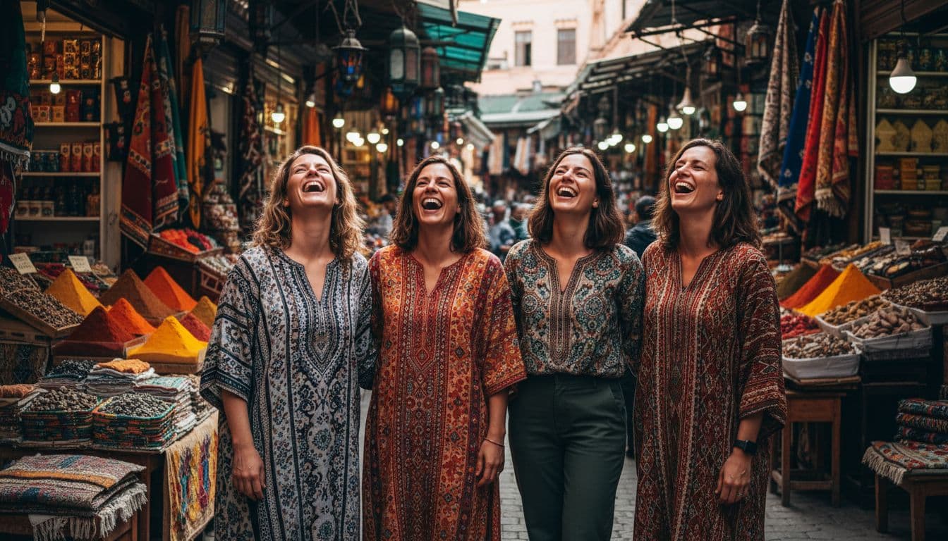 Four women laugh together in sunny Marrakech market with colorful spice and rug stalls.