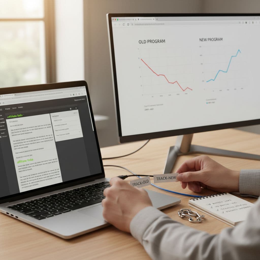 Photorealistic high-resolution image of a modern wooden desk workspace featuring a laptop displaying website editor with highlighted affiliate links and 301 redirect settings, a second monitor showing old and new affiliate dashboards with graphs, hands swapping a tracking code tag between cables, intact chain links, and a notepad with verification checkmarks.