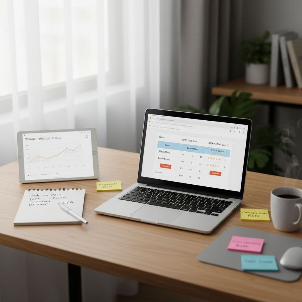 Photorealistic over-the-shoulder view of a modern home-office desk for an affiliate marketer, featuring a laptop with an email marketing tools comparison table, notepad notes, tablet analytics, and cozy workspace elements.