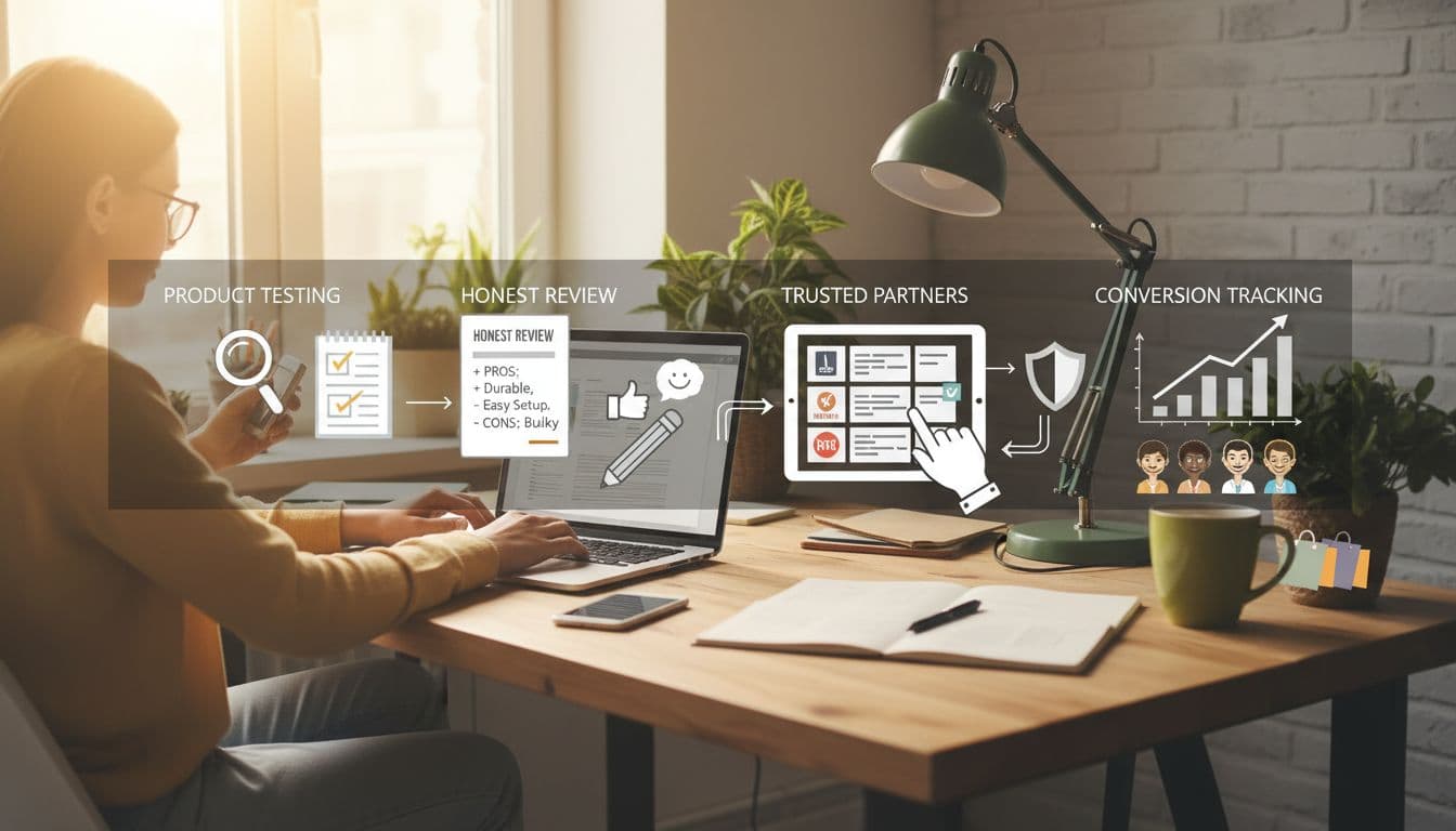 Affiliate marketer testing products and writing honest reviews at a home desk