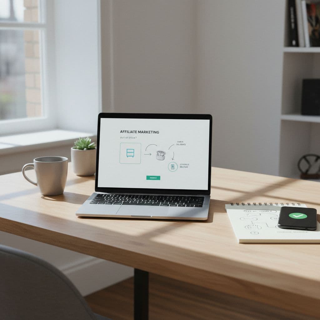 Photorealistic image of a modern affiliate marketer's workspace with a laptop dashboard showing seamless swaps from empty shelves to alternative products, notepad flowchart, smartphone notification, in a bright home office.