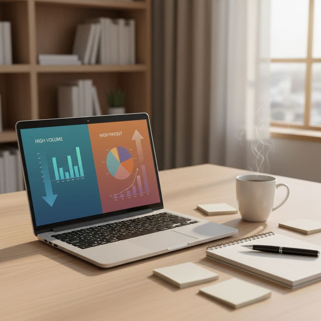 Photorealistic modern home office desk with laptop showing affiliate marketing charts comparing high volume low payout vs high payout metrics, notepad, coffee mug, and sticky notes.