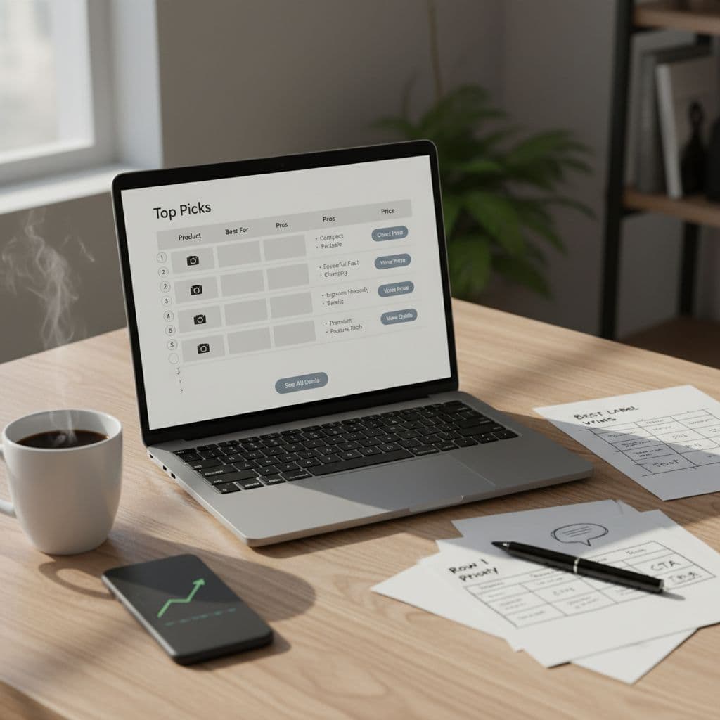 Photorealistic editorial-style scene of a modern content creator’s desk for affiliate marketing, featuring a laptop with a 'Top Picks' comparison table, scattered notebook sketches, pen, steaming coffee mug, and smartphone showing a rising graph, bathed in soft morning light.