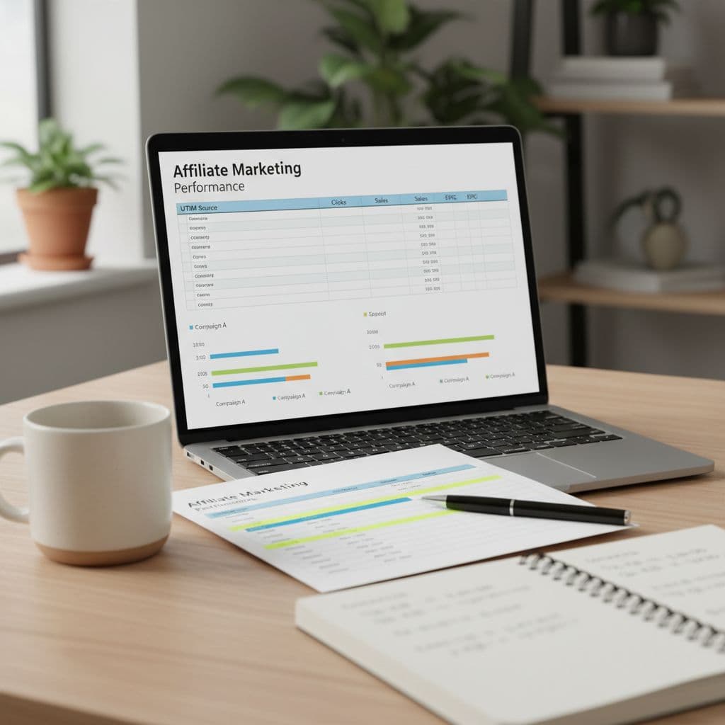 High-detail close-up of a laptop screen showing an affiliate marketing dashboard with UTM sources, clicks, sales, EPC, and bar graphs in a home office setup, accompanied by printed reports, coffee mug, and notebook.