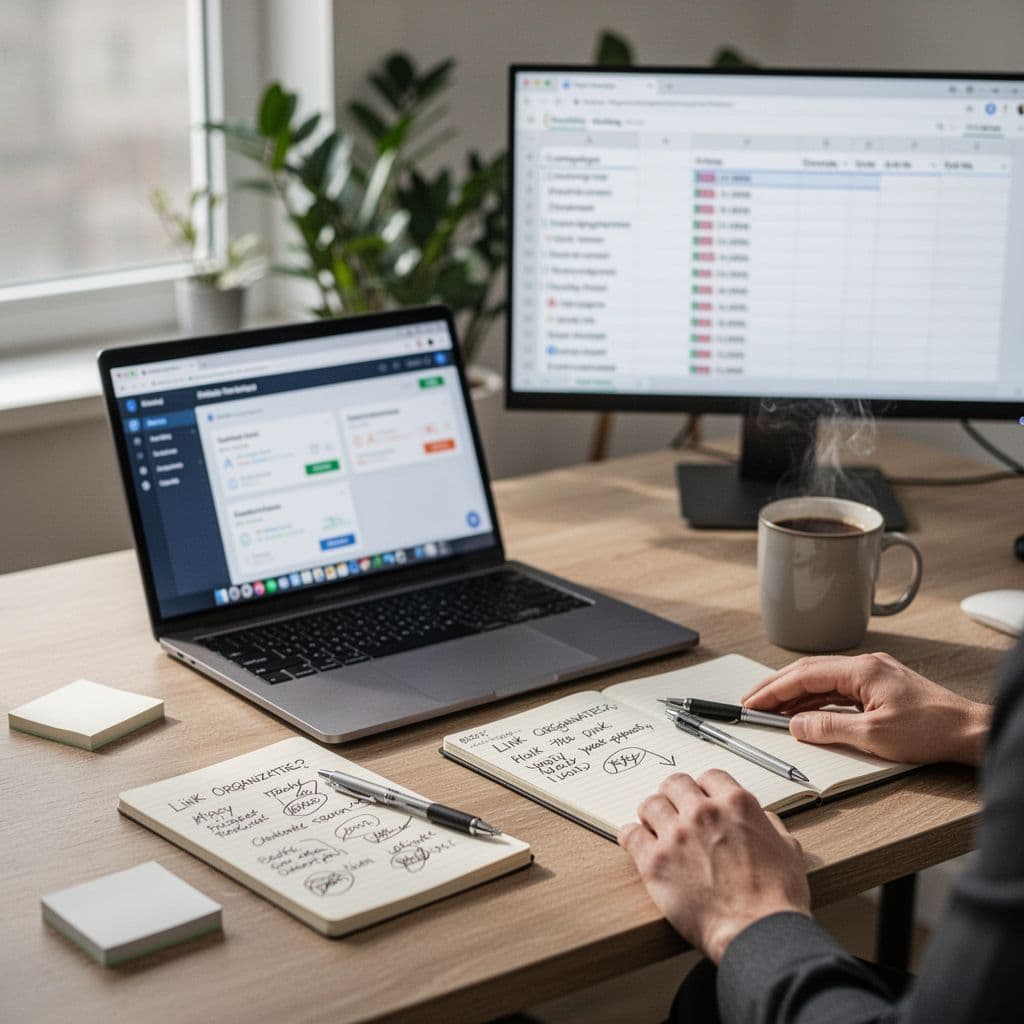 Photorealistic high-resolution image of a clean, minimalist desk setup for affiliate marketing tracking, featuring a laptop with blurred dashboards, notepad, spreadsheet monitor, coffee mug, and subtle hands.