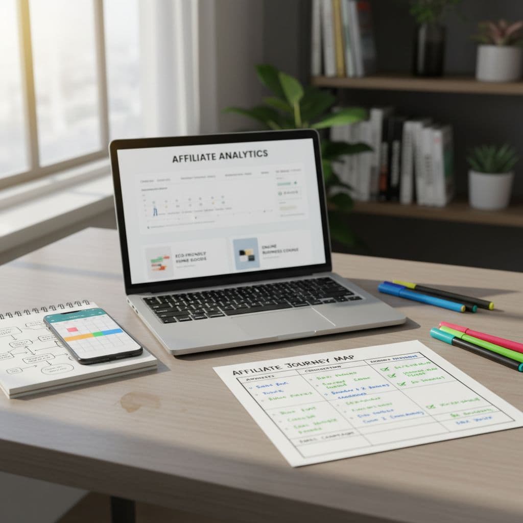 Modern home office desk with an affiliate marketing worksheet and laptop