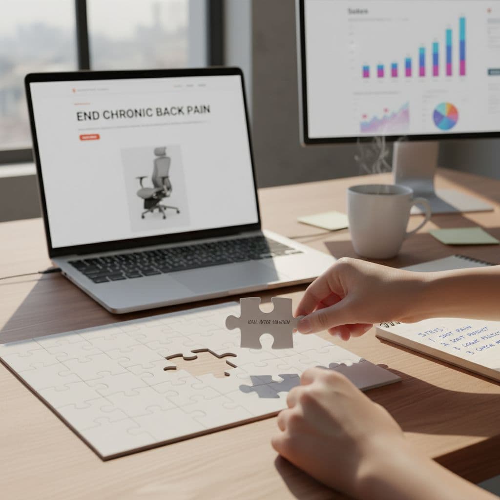Hands matching a puzzle piece to a slot on a tidy home-office desk