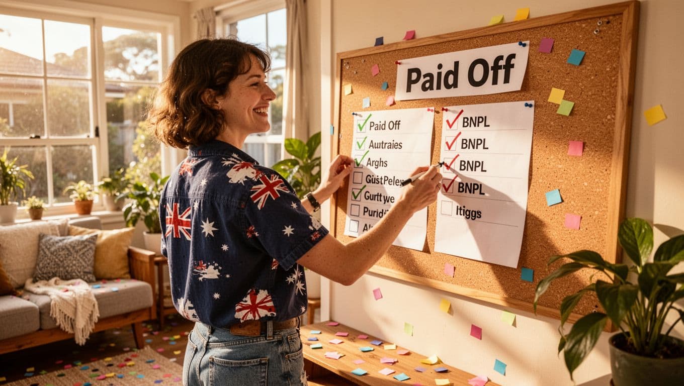 Photorealistic back view of one unidentifiable person in casual Australian clothes smiling while pinning a 'Paid Off' checklist to a corkboard in a sunny, cozy living room. Checkmarks on BNPL items, confetti on floor, vibrant warm lighting, plants, optimistic morning mood with shallow depth of field.
