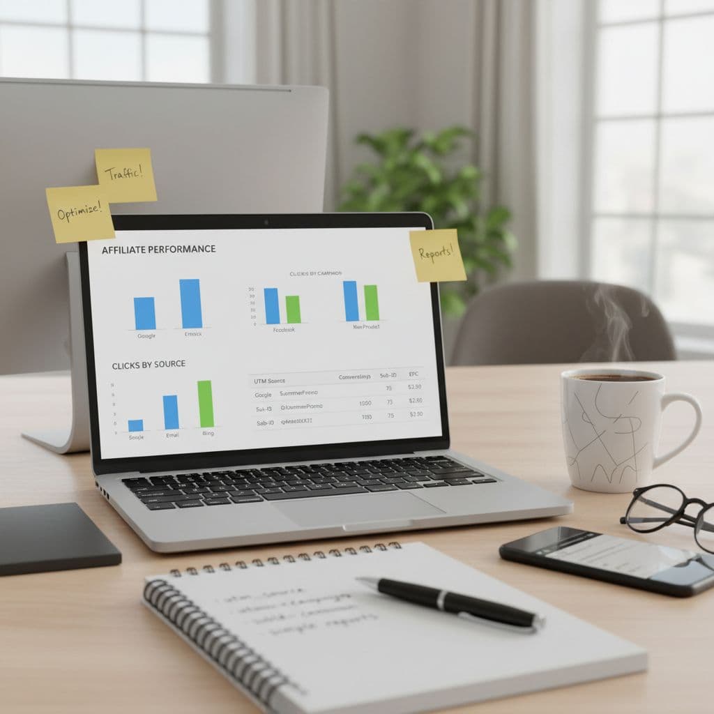 Photorealistic high-detail scene of a beginner-friendly affiliate link tracking setup on a modern desk, featuring a laptop with analytics dashboard showing UTM parameters, clicks, and conversions, a smartphone with a shortened link, and a notepad with handwritten notes.