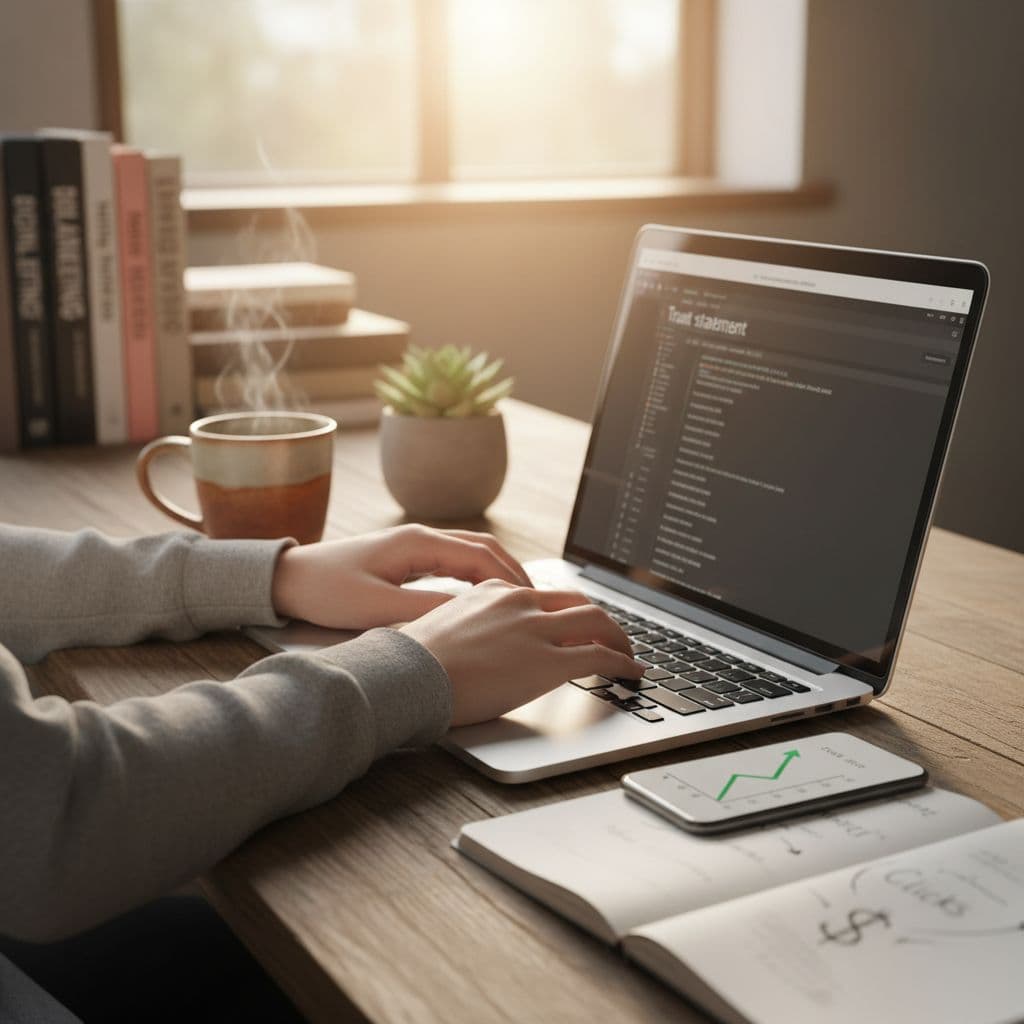 Photorealistic close-up of gender-neutral hands typing on a laptop in a cozy home office, featuring desk elements like a coffee mug, smartphone graph, plant, and notepad linking 'Trust' to 'Clicks' for affiliate marketing.