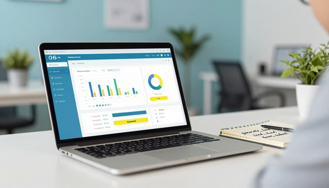 Photorealistic image of a small service business owner at a tidy modern desk, viewing a laptop screen showing a generic analytics dashboard and a submitted contact form confirmation. Bright, happy atmosphere with vibrant colors, natural light, and softly blurred office background featuring plants.