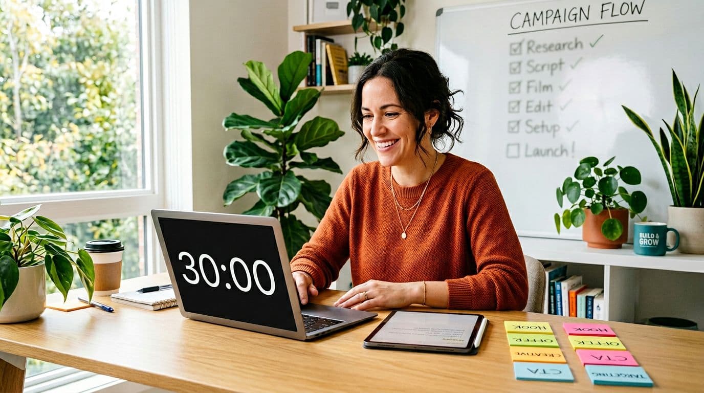 A cheerful solo local service business owner works at a bright modern desk with laptop displaying a 30:00 timer, tablet, sticky notes labeled Hook, Offer, Creative, CTA, Targeting, and a whiteboard checklist with plants behind. Photorealistic image with vibrant warm colors, natural daylight, and optimistic mood.