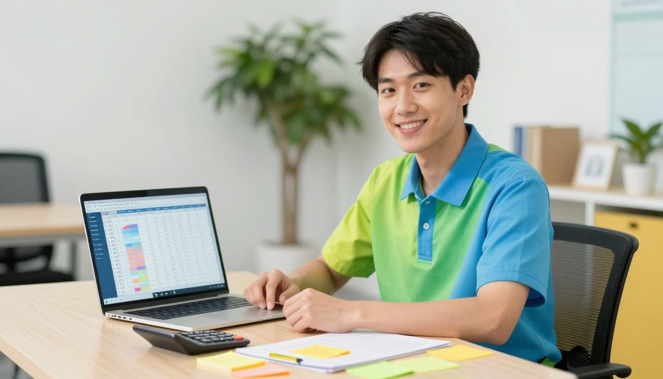 Photorealistic image of a single small business owner in a generic uniform, sitting confidently at a tidy desk with a laptop showing a blurred 12-month budget spreadsheet, calculator, and color-coded sticky notes in a bright modern office.