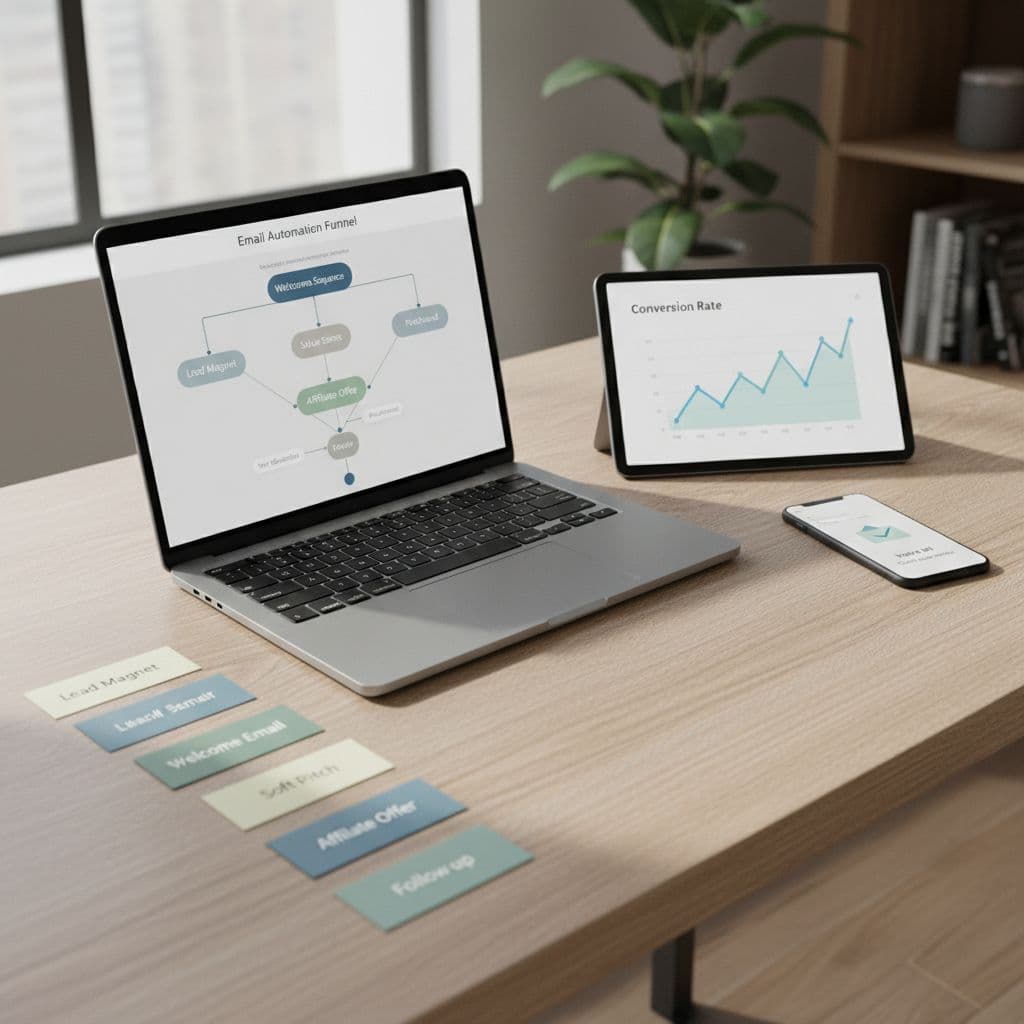 Modern desk setup showing an email automation workflow, analytics, and funnel notes