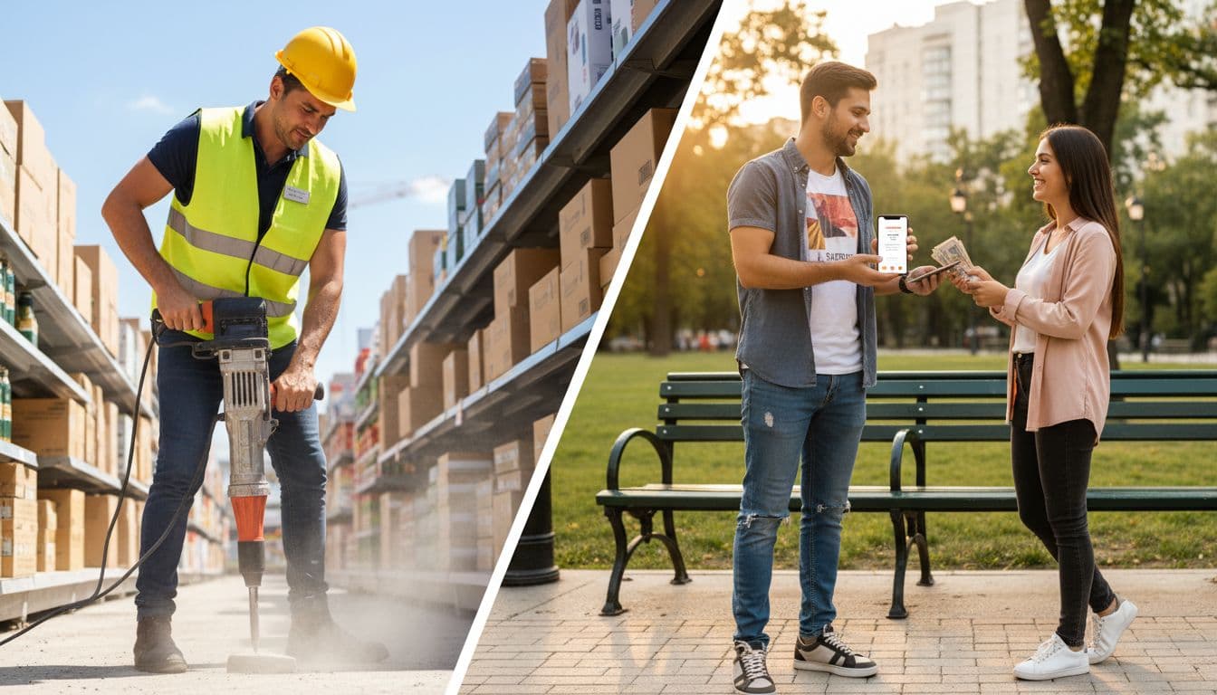 Split screen of worker at day job and selling items for cash in the evening