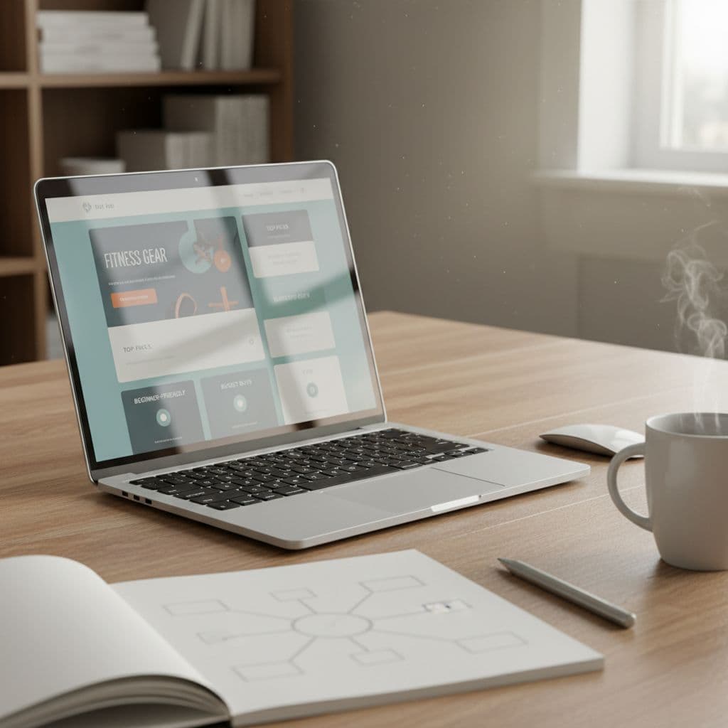 Photorealistic daytime scene of a tidy home office desk with sleek laptop showing affiliate link hub page, open notepad sketch, steaming coffee mug, wireless mouse, stylus, blurred bookshelf, and natural light.