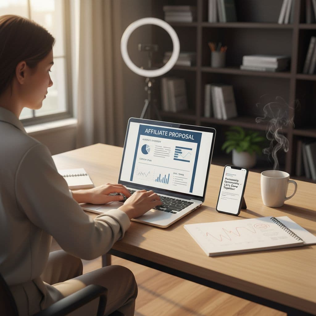Digital marketer preparing a one-page affiliate proposal at a home office desk