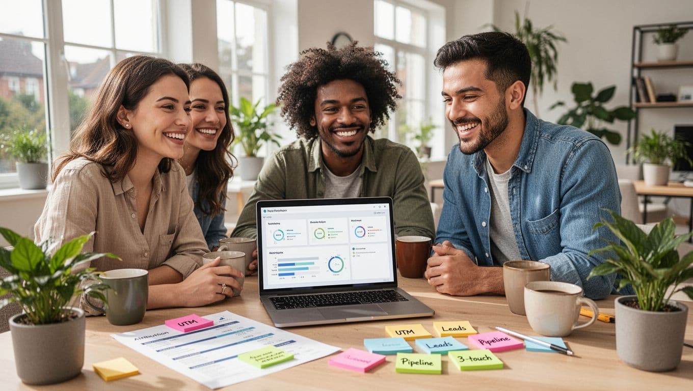 Photorealistic image of a small marketing team of three diverse people happily collaborating around a laptop displaying a simple dashboard in a modern home office, with a printed attribution report featuring colorful sticky notes labeled UTM, Leads, Pipeline, and 3-touch.