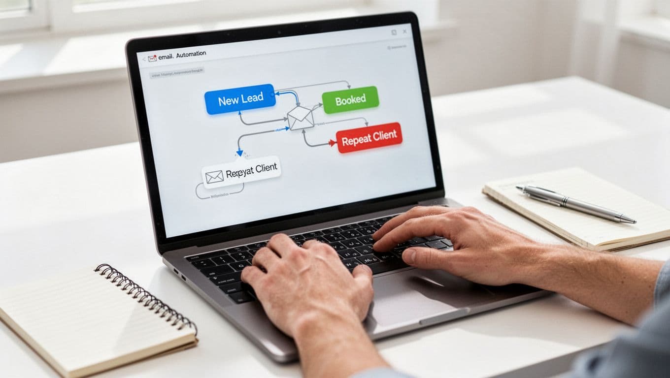 Photorealistic close-up of two relaxed hands on a laptop keyboard configuring an email automation flow with generic nodes and colored tags like 'New Lead', 'Booked', and 'Repeat Client' in a bright minimalist workspace with notebook and pen.