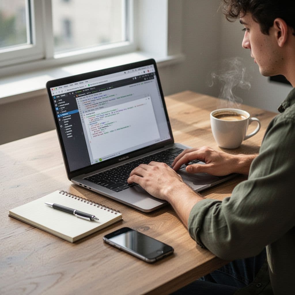 Photorealistic image of a young entrepreneur at a modern wooden desk with a laptop showing blurred developer tools, notepad, steaming coffee, and smartphone, under soft natural light.
