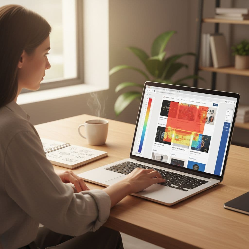 Photorealistic image of an entrepreneur in a modern home office intently studying a laptop screen showing a generic Microsoft Clarity-style heatmap on an affiliate marketing landing page, with notepad, coffee mug, and natural daylight.