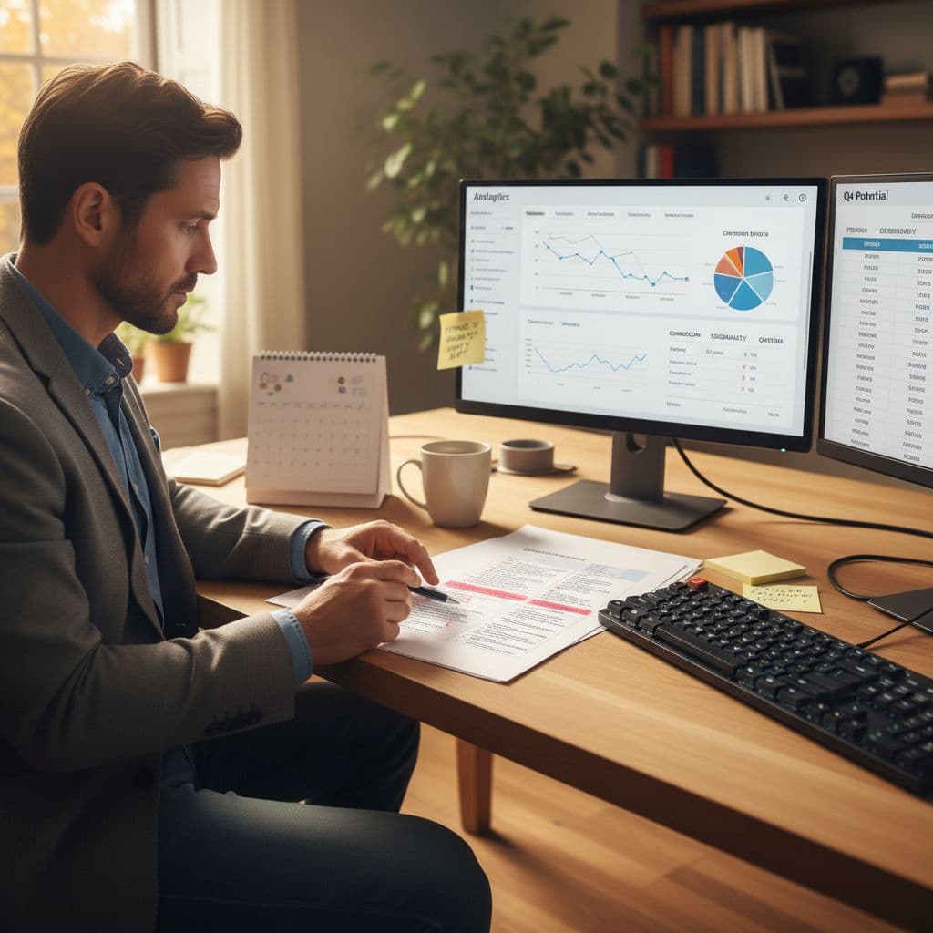 Photorealistic image of a mid-30s entrepreneur in business casual attire at a modern home office, focused on reviewing affiliate portfolio analytics for Q4 seasonal gaps using laptops, monitors, spreadsheets, and calendars.