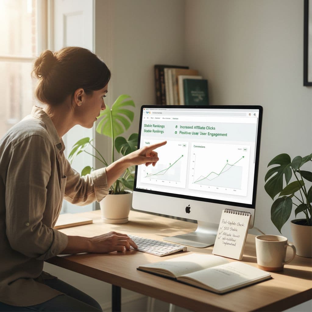 Entrepreneur reviewing stable SEO metrics after adding affiliate links