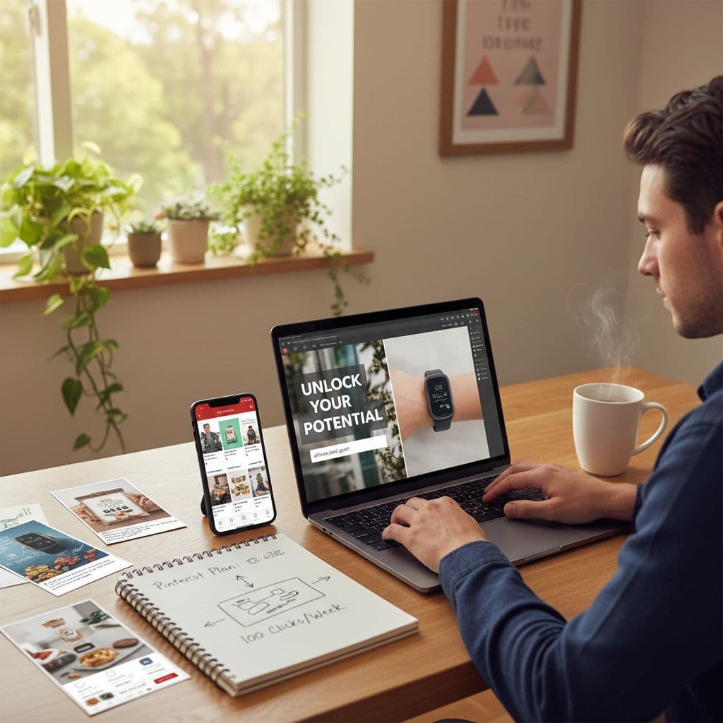 Entrepreneur designing Pinterest affiliate pins in Canva at a home office desk