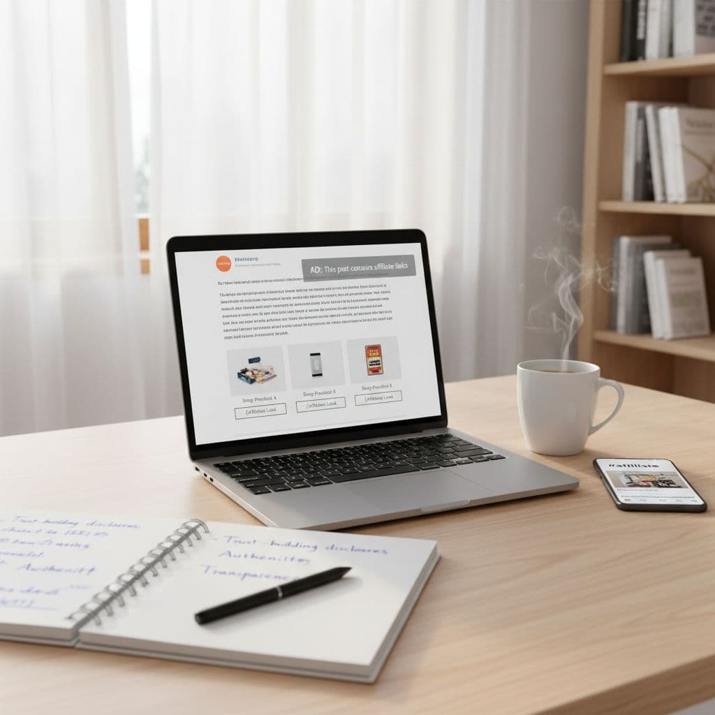 Photorealistic image of a modern entrepreneur's daytime desk setup featuring a laptop displaying a blog with affiliate disclosure banner and product links, an open notebook with notes on disclosures and click-through rates, a steaming coffee mug, pen, and smartphone showing an affiliate-tagged social media story, set against a sunlit window and blurred bookshelves.