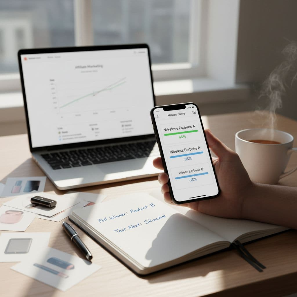 Solo marketer using Instagram Stories polls to test affiliate products on a smartphone at a desk with notes and a laptop dashboard