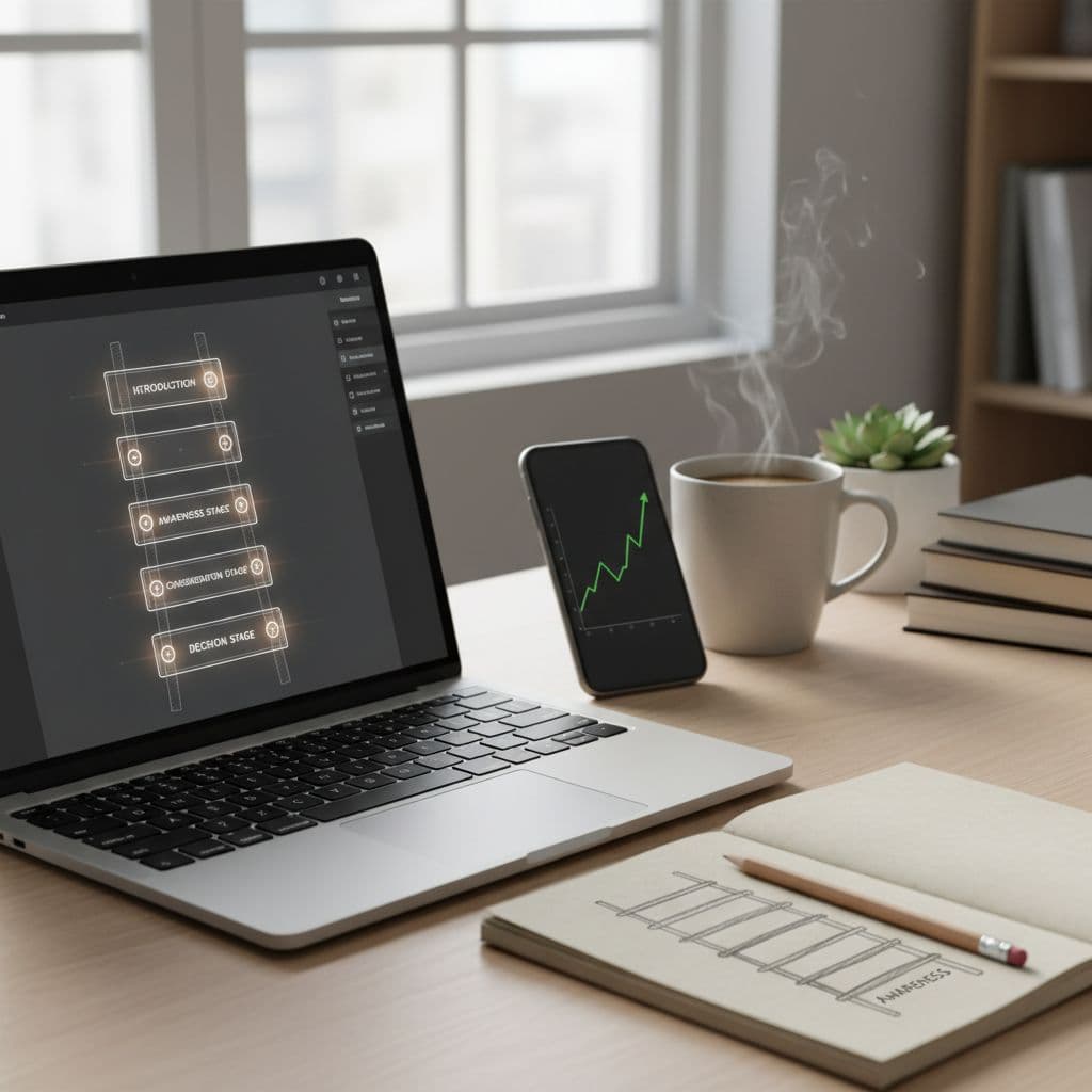 Photorealistic high-resolution image of a modern entrepreneur's daytime desk setup with an open laptop displaying a ladder-shaped blog post outline from introduction to decision stages, a notebook sketched with awareness-to-purchase ladder diagram, steaming coffee mug, smartphone graph, and soft natural light.