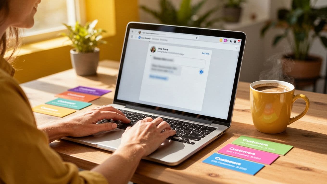 Photorealistic image in a bright, happy mood of a friendly business owner in a modern small-business setting, typing a customer email or newsletter on a laptop with blurred template preview, colorful contact cards, coffee mug, and warm sunlight.