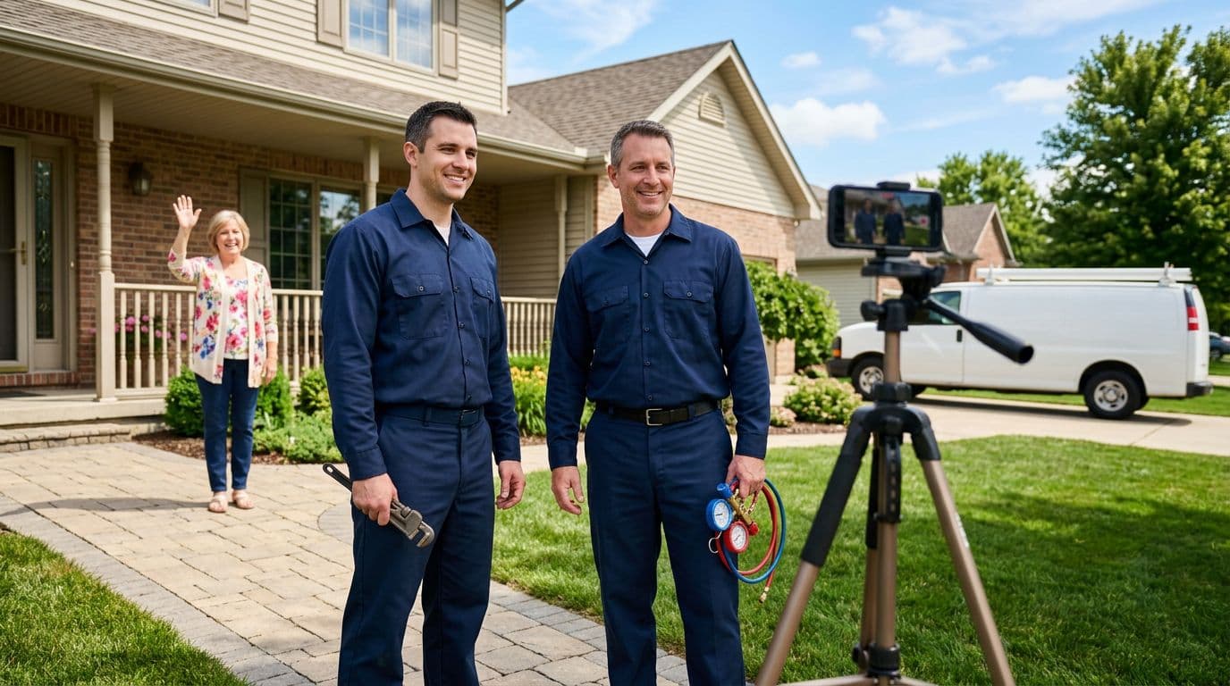 A friendly plumber in clean uniform and HVAC technician stand confidently in front of a suburban home as a marketer records short video content with a phone on a tripod, with a happy homeowner waving in the background under bright blue skies on a sunny day.