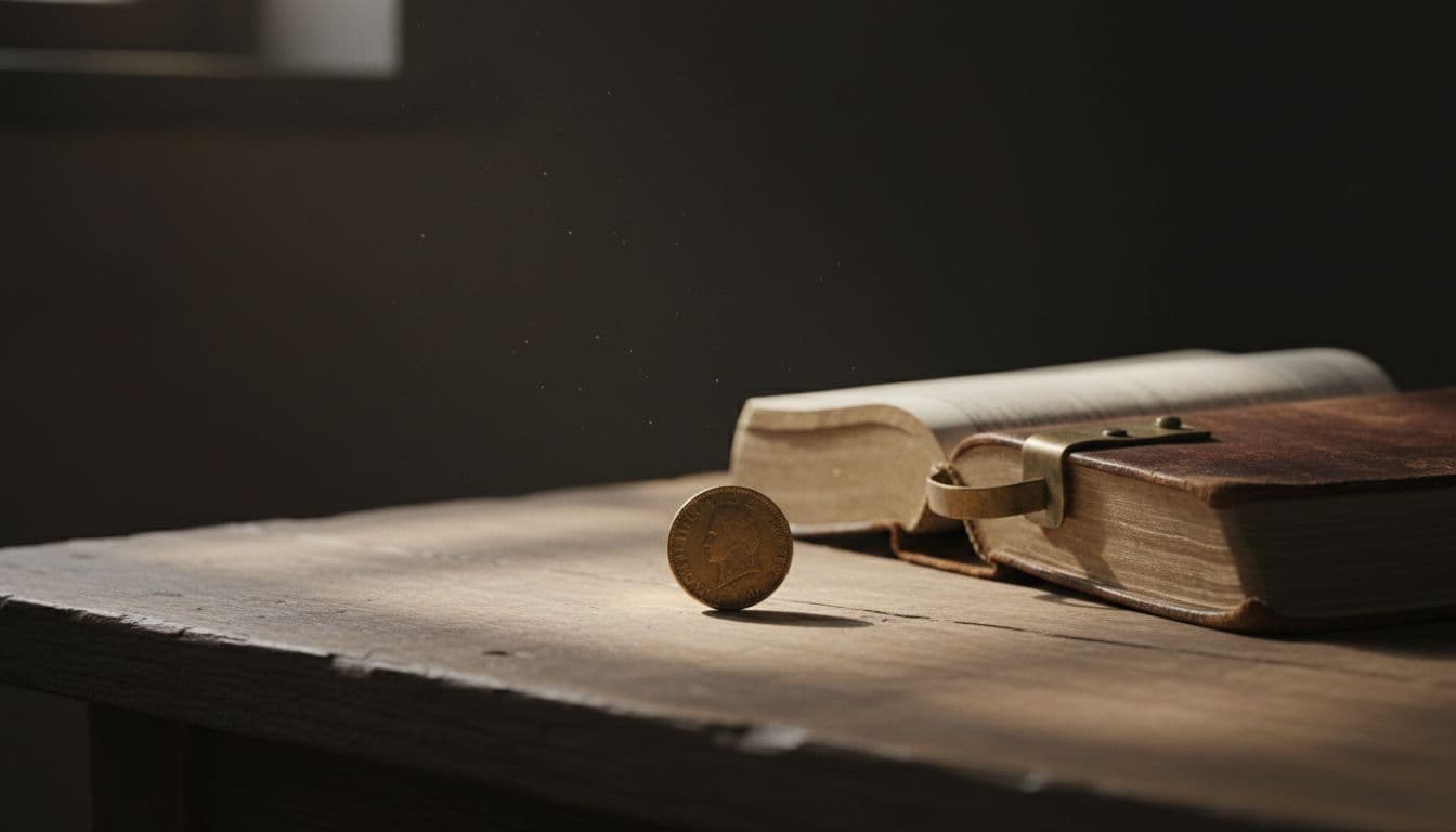 A single dull gold coin rests on a wooden surface next to an open, worn leather Bible.