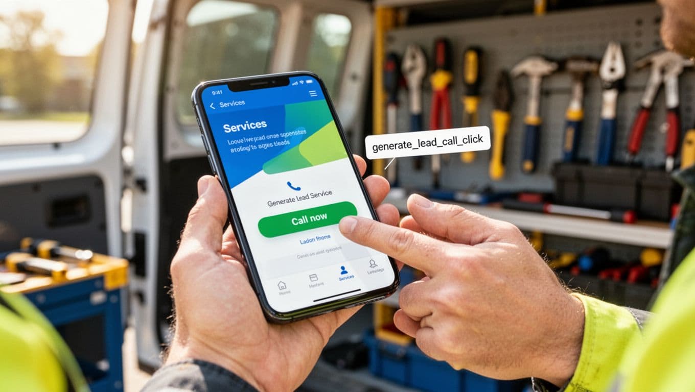 Photorealistic close-up of a smartphone held in relaxed hands, screen displaying a generic service website with a finger tapping the prominent 'Call now' button and 'generate_lead_call_click' overlay. Cheerful blurred office or van interior background with tools, vibrant blues, greens, yellows in a bright, modern aesthetic.