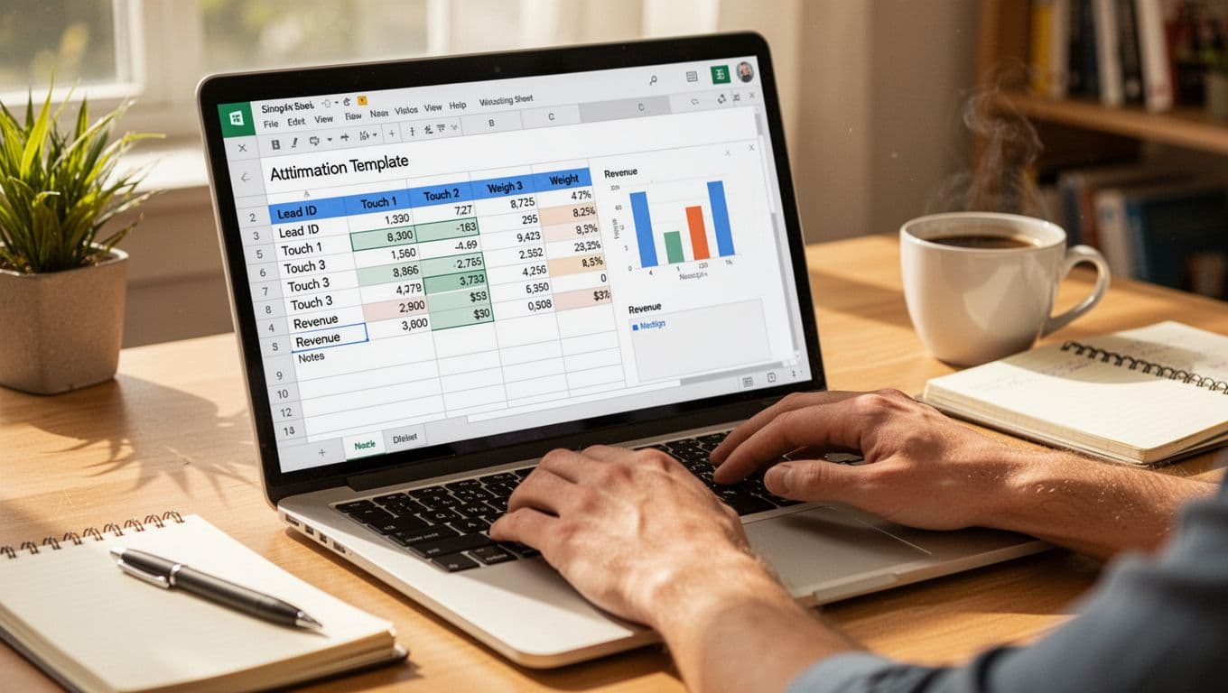 Photorealistic close-up of a laptop screen showing a simple spreadsheet attribution template with columns for Lead ID, Touch 1-3, Weight, Revenue, and Notes, including sample data and a small pivot chart. Hands typing relaxedly in a sunny home office with coffee cup and notebook nearby.