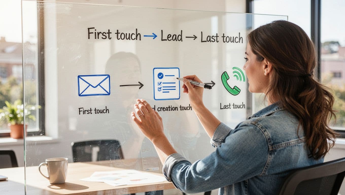 Photorealistic over-the-shoulder view of a mid-30s woman marketer drawing a simple 3-touch attribution model on a glass whiteboard in a sunny office, showing email first touch, form lead creation, and phone last touch with clear icons and arrows.