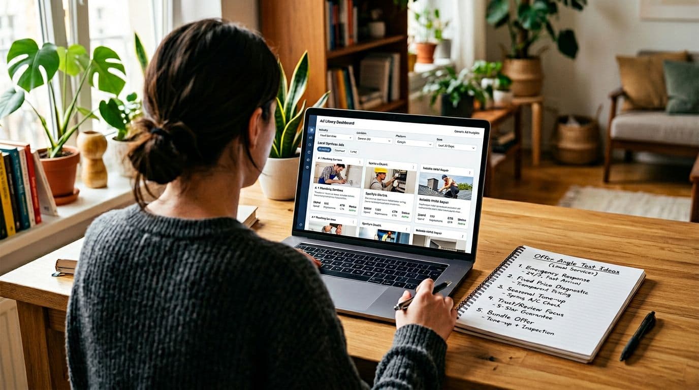 Over-the-shoulder view of a marketer at a laptop screen showing a generic ad library dashboard with competitor ad cards for local services like plumber and electrician, filters for industry, location, and platform, and an open notebook with notes on offer angle test ideas. Photorealistic scene in a bright sunny workspace with natural daylight.