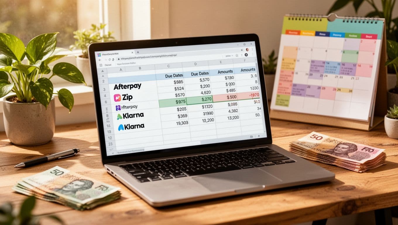 Photorealistic close-up of a bright, happy desk setup in a Melbourne home office with natural daylight, featuring a laptop displaying a generic spreadsheet for payment services like Afterpay, Zip, and Klarna, stacked Australian banknotes, color-coded calendar, green plant, and pen on a wooden desk.