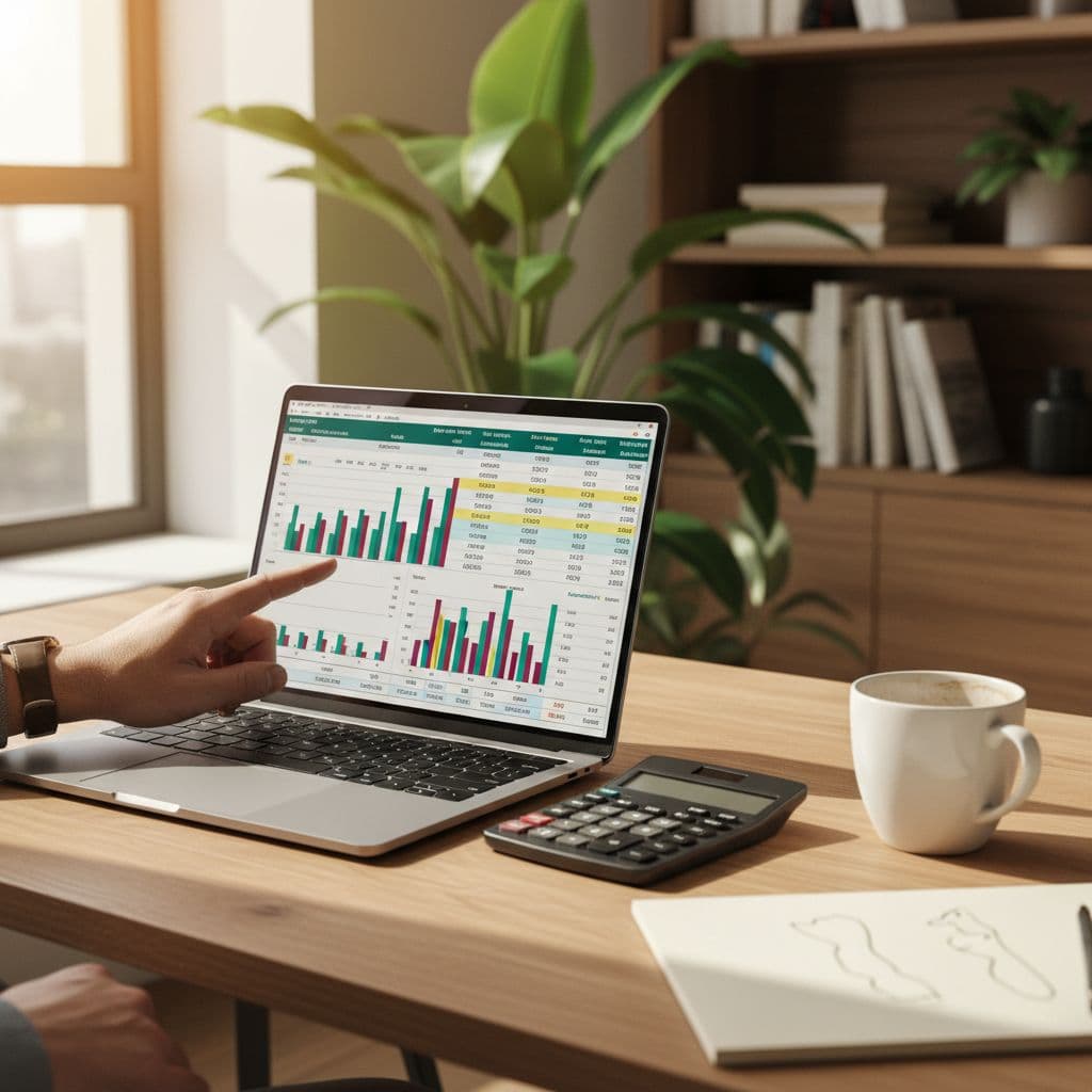 Photorealistic image of a modern home office setup during daytime with natural light, featuring a sleek laptop displaying a detailed spreadsheet with charts and graphs, and hands pointing to metrics on a clean wooden desk.