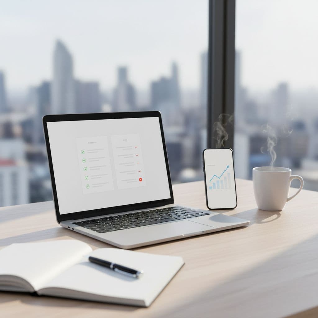 Bright home office workspace with an open laptop showing a clean pros and cons comparison interface, notebook, coffee mug, and a phone with a rising analytics graph.