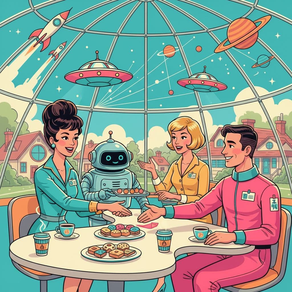 Retro-futuristic illustration of a community meetup with a local business owner shaking hands, a friendly robot serving snacks, and flying saucers over a bright event tent. Teal, pink, and gold colors with a lively, social vibe.
