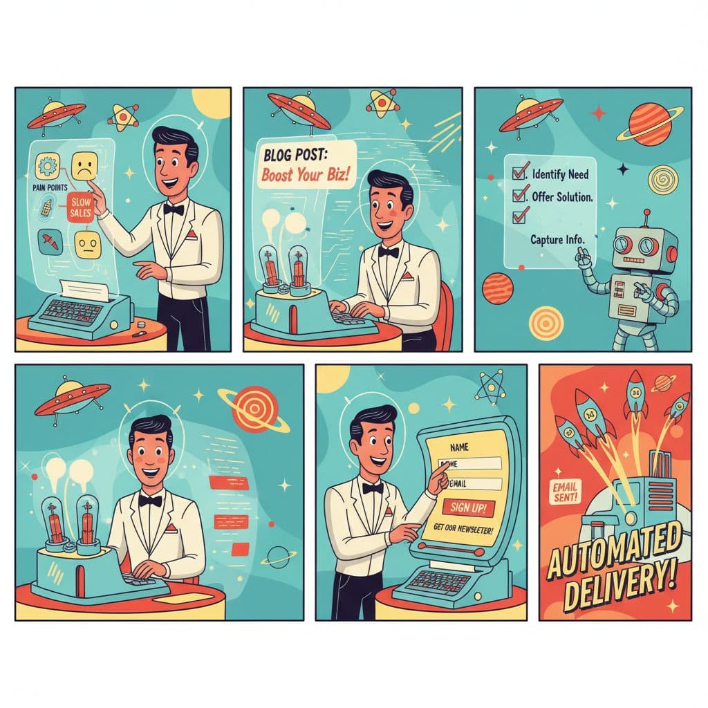 Retro-futuristic illustration showing a step-by-step lead gen process with a marketer choosing a pain point, writing a post, creating a checklist with a helpful robot, adding a signup form, and automating email delivery with rocket-like notifications. Image generated by AI.
