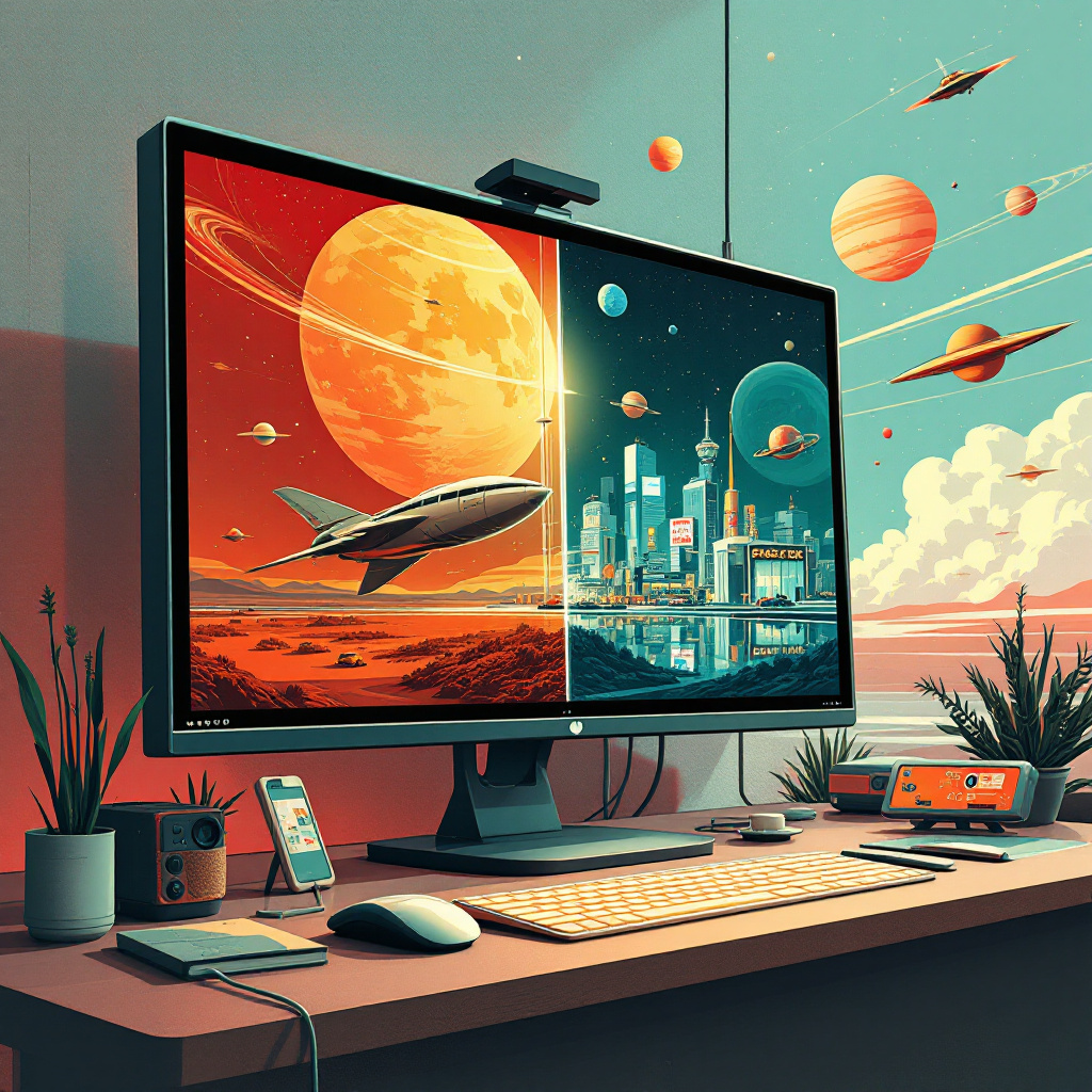 Retro futuristic illustration of local businesses on a city map with a big map pin, storefronts, and bright colors, 1950s sci-fi and atomic design. Image created with AI.