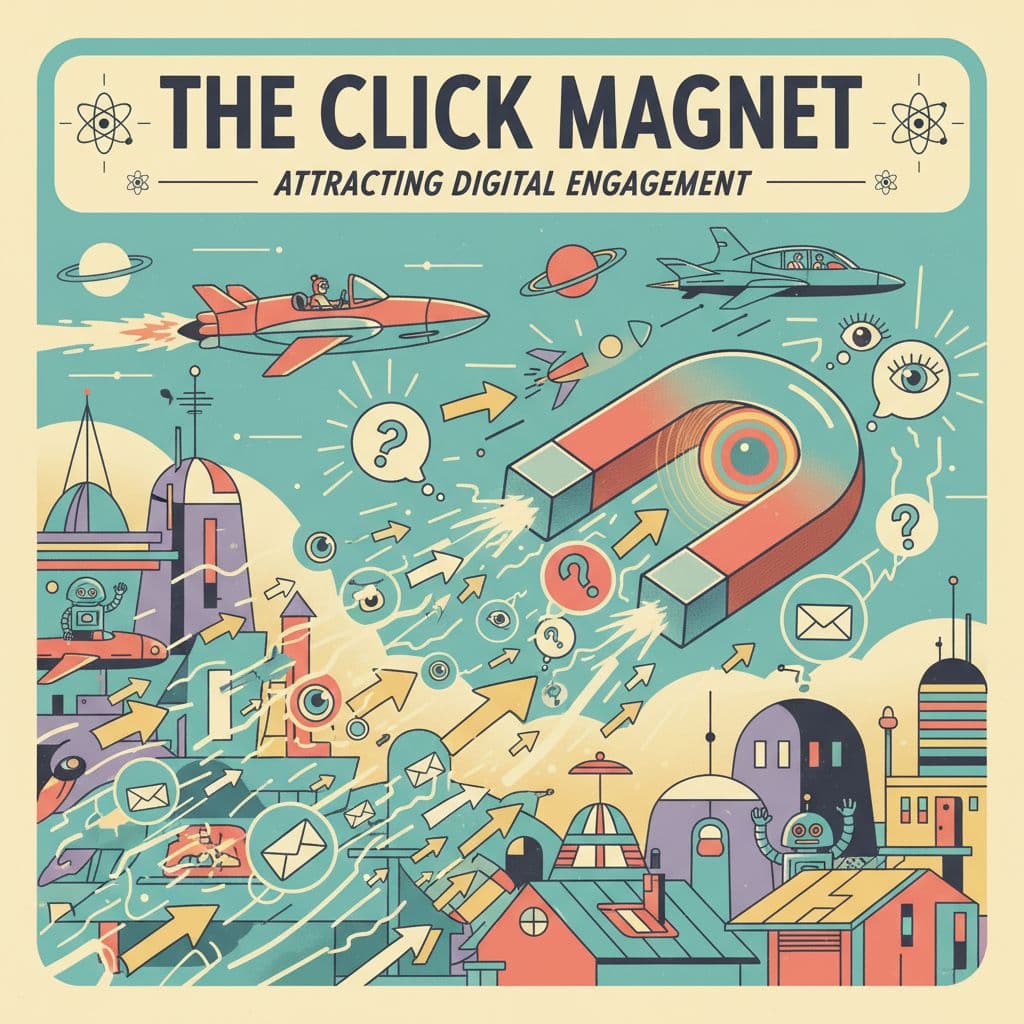 Retro-futuristic illustration of a glowing magnet pulling in clicks, arrows, and question bubbles. Image created with AI.