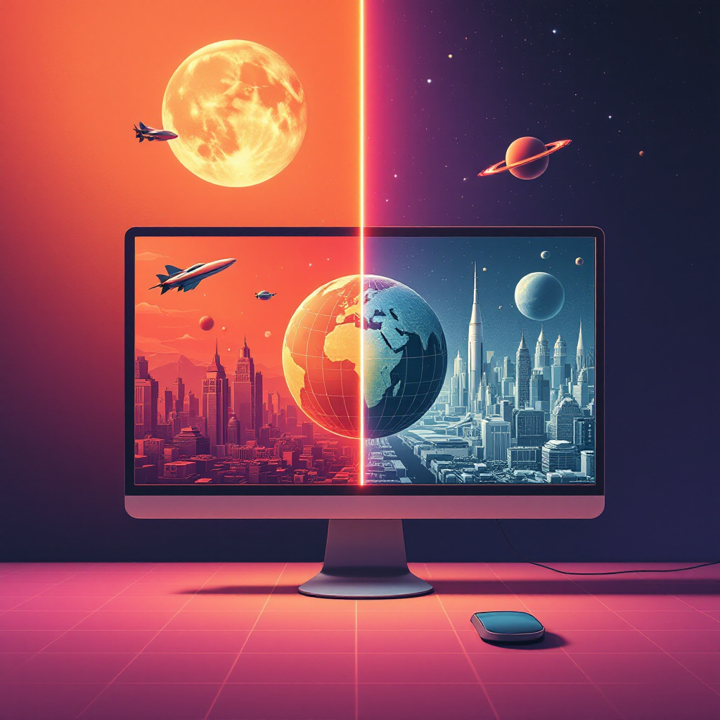 Retro futuristic illustration with a split screen, one side showing a city map with a pin (local SEO), the other a glowing globe (general SEO), 1950s sci-fi style. Image created with AI.