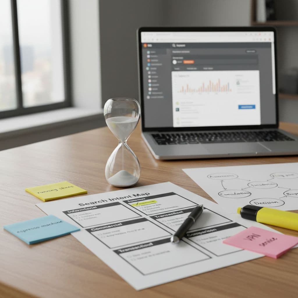 Affiliate marketing search intent map worksheet on a desk